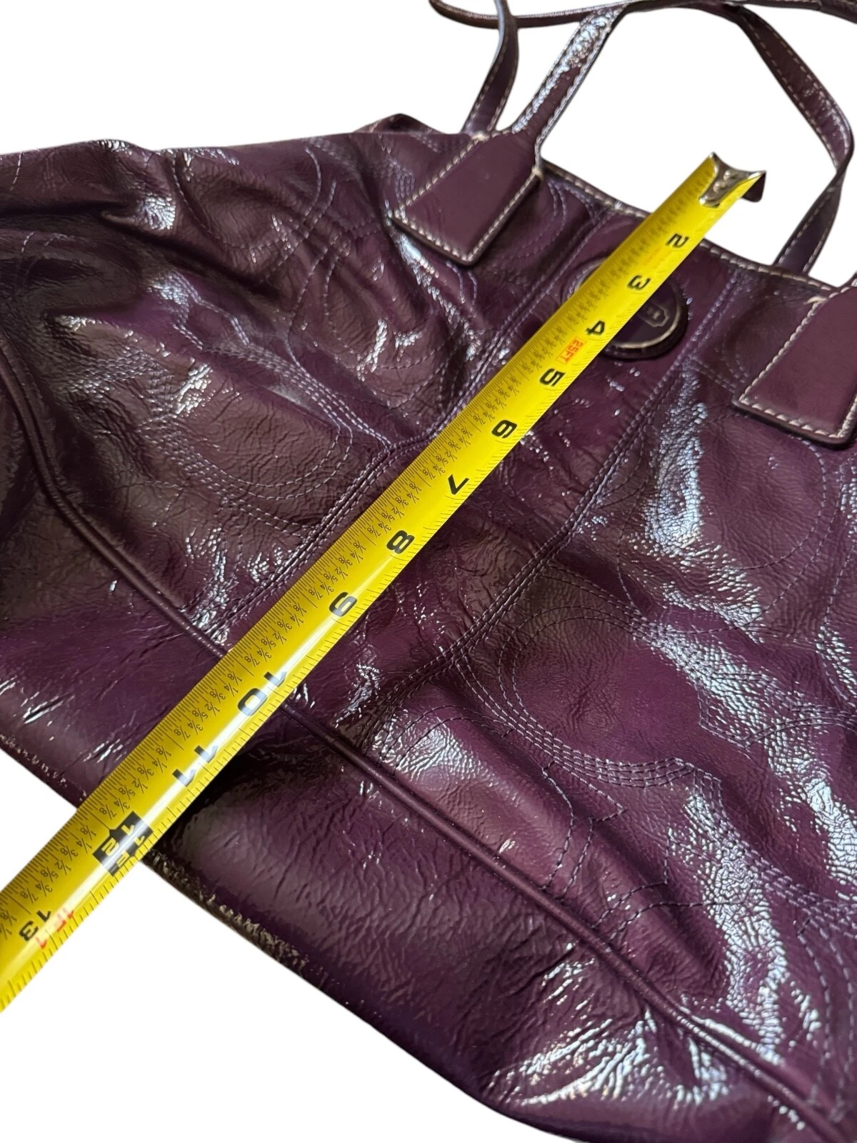 Borsa da trasporto Coach Plum F15658 firmata cucita in pelle verniciata