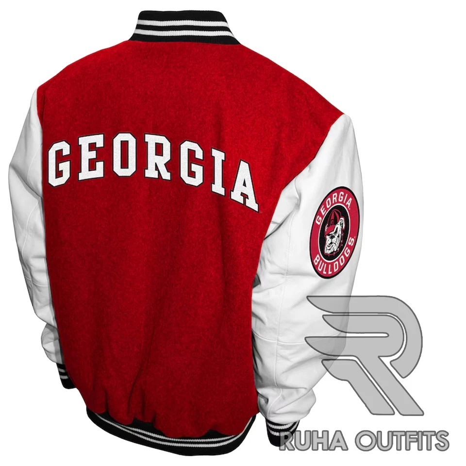 Chaqueta Universitaria Clásica Georgia Bulldogs NCAA Roja Lana/Cuero Bomber Lettermen Foto 3 de 4