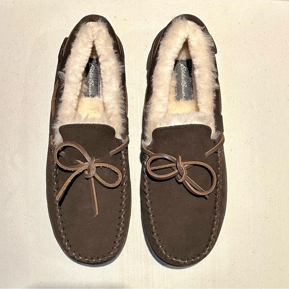 Eddie Bauer Men\'s Chocolate Suede Shearling Lined Slippers Sz 9 Eddie Bauer Brown Suede Moccasin Slippers Shearling Lined  main image 3