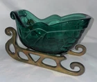 Fenton Green Glass Sleigh Candy Dish with Brass Runner Base 4 Inches High