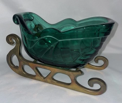 Fenton Green Glass Sleigh Candy Dish with Brass Runner Base 4 Inches High