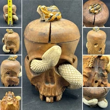 Old Hand Carved Wooden Skull Mini Humidor w Snake Japanese- App 4.5” Tall Read*
