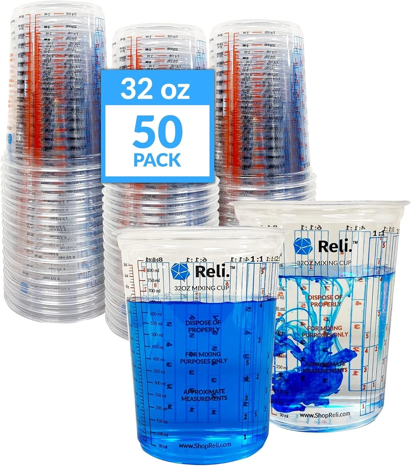 Reli. 50 Pcs 32 oz 1 quart Paint Mixing Cup Disposable Measuring Cups Clear