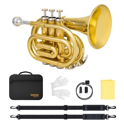 SONICAKE Pocket Trumpet Bb Flat - Gold Lacquer Brass Mini Trumpet Full Kit fo...