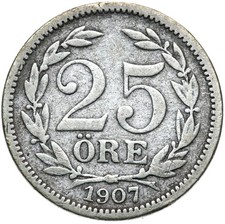Schweden - Oskar II. - M&uuml;nze - 25 Ore Oere 1907 - Silber
