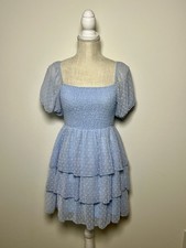 Altar'd State Light Blue Smocked Tiered Swiss Dot Mini Dress Cottagecore Size S