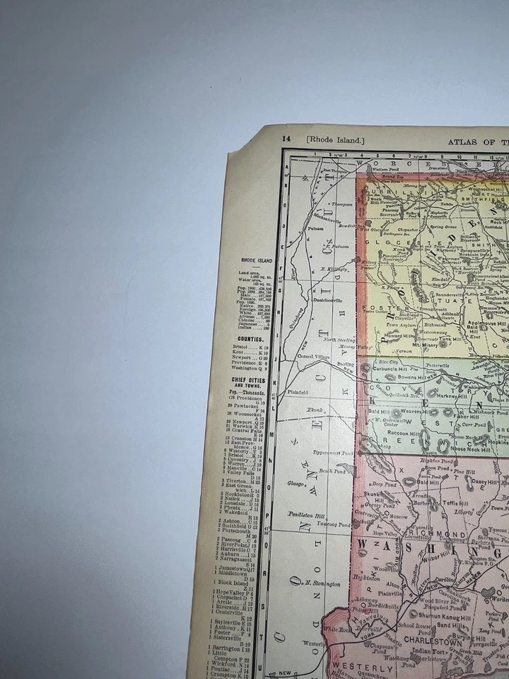 Mapa estatal de RHODE ISLAND de 1895/1901 fm 1902 Rand McNally Atlas VER DESCRIPCIÓN Foto 2 de 4