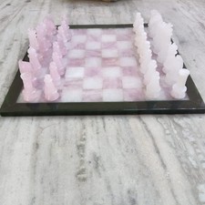 Handmade White & green & Rose Quartz Gemstone Chess Set – 14×14 Inch