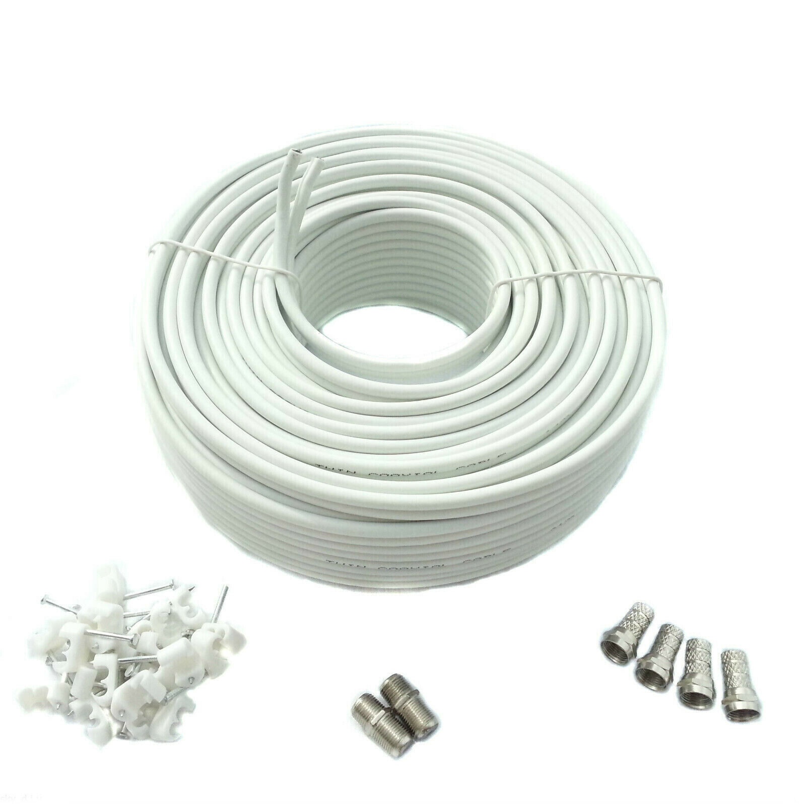 50M White Twin shotgun Satellite Extension TV coax cable For Sky + HD Q Freesat