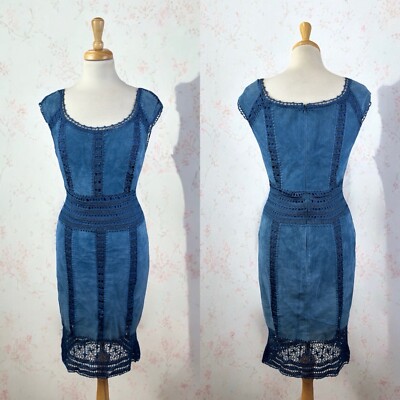 Blue Suede Genuine Leather Crochet Fitted Slip Dress Vtg 90s Boho Hippie Danier