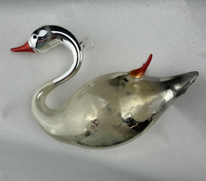 Antique Art Glass Ornament Swan Mercury Glass Germany handblown figure