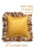 Luxury 100 Silk Pillow 16"x16" Feather Trim Gold Designer Cushion Decor