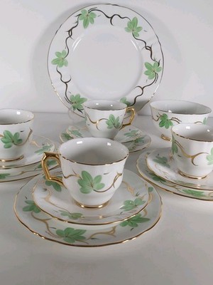 Crown Staffordshire grün Blumen vergoldet Teeservice für vier Personen