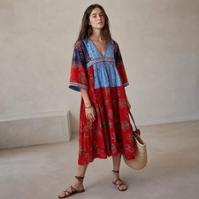 Ulla Johnson 2017 Milena Patchwork Cotton/Linen V-neck Midi Dress, size 6