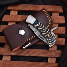 Handmade Damascus Folding Knife Pocket Knife with Leather Sheath EDC