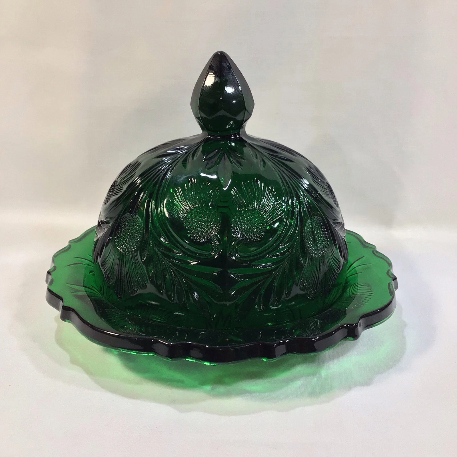 Moser Glass Emerald Green Covered Butter Dish - Inverted Thistle Pattern