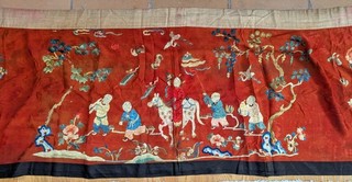 Antique Chinese Silk Embroidered Bed Valance Pelmet Panel Figural Qing Republic