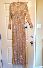 REDUCED  Exquisite Mac Duggal Rose Gold Long Sleeve Sequin Column Gown Size 6