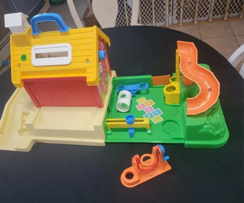 Fisher Price Vintage 1988 Little People School House Play Set with 7 People Bus