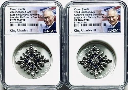 (2) 2024 Canada Silver 1oz PROOF SAPPHIRE JUBILEE SNOWFLAKE BROOCH’s NGC PF70 FR