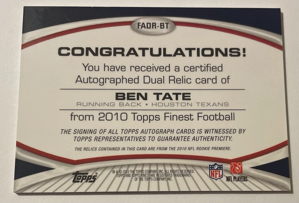 2010 Topps Finest Dual Rookie Jersey Autograph #FADR-BT Ben Tate Rc Auto /110 - Image 2 of 2