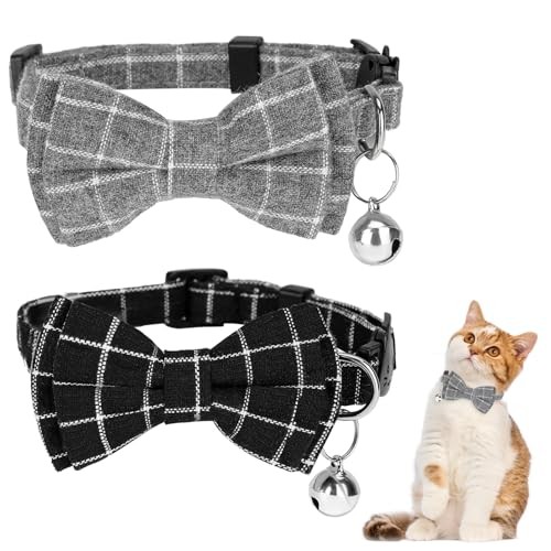 2PCS Blue and White Plaid Cat Collar with Bells, Cat Collar Breakaway Bowtie