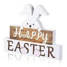 Happy Easter Bunny Table Sign Easter Wooden Block Table White, Wooden Color