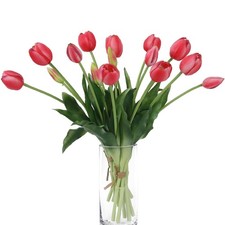 15 Pcs Deep Pink Artificial Flowers Tulips Real Touch Latex Plastic Soft Faux...
