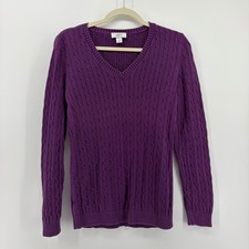 Ann Taylor LOFT Purple Cable Knit V Neck Long Sleeve Cotton Sweater Women M