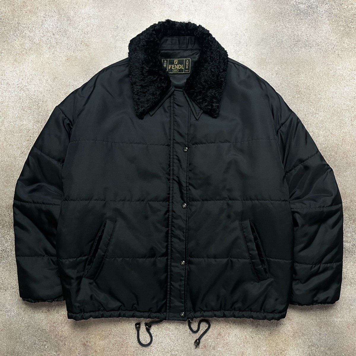 ⭐ FENDI Vintage 1990s Rare Fur Double Collar Black Men`s Puffer 