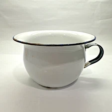 VTG KER Sweden White 7" Dia. Enamelware Chamber Pot With Blue Rim / Black Handle