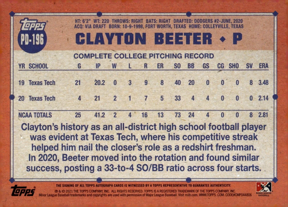 Clayton Beeter - 2021 Topps Pro Debut Rookie Autograph Card #PD-196 - Dodgers - Image 2 of 2