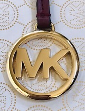 Michael Kors MK Gold Logo Charm / Brandy Red Leather Strap Handbag Hang Tag Fob