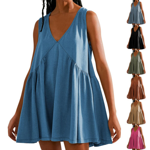 Womens Summer Sleeveless Mini Dress Casual Loose V Neck Sundress Babydoll Dress - Picture 1 of 16
