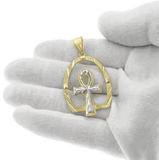 Egyptian Ankh Cross Pendant 10k Yellow Gold Mens Charm 2 inch