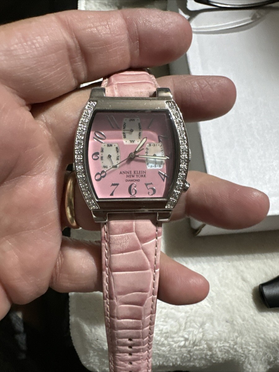 Anne Klein Diamond Watch Women Silver Tone Pink Leather Day  display picture 2