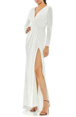Mac Duggal White Long Sleeve Side Slit Wrap Jersey Gown Size 8 $398