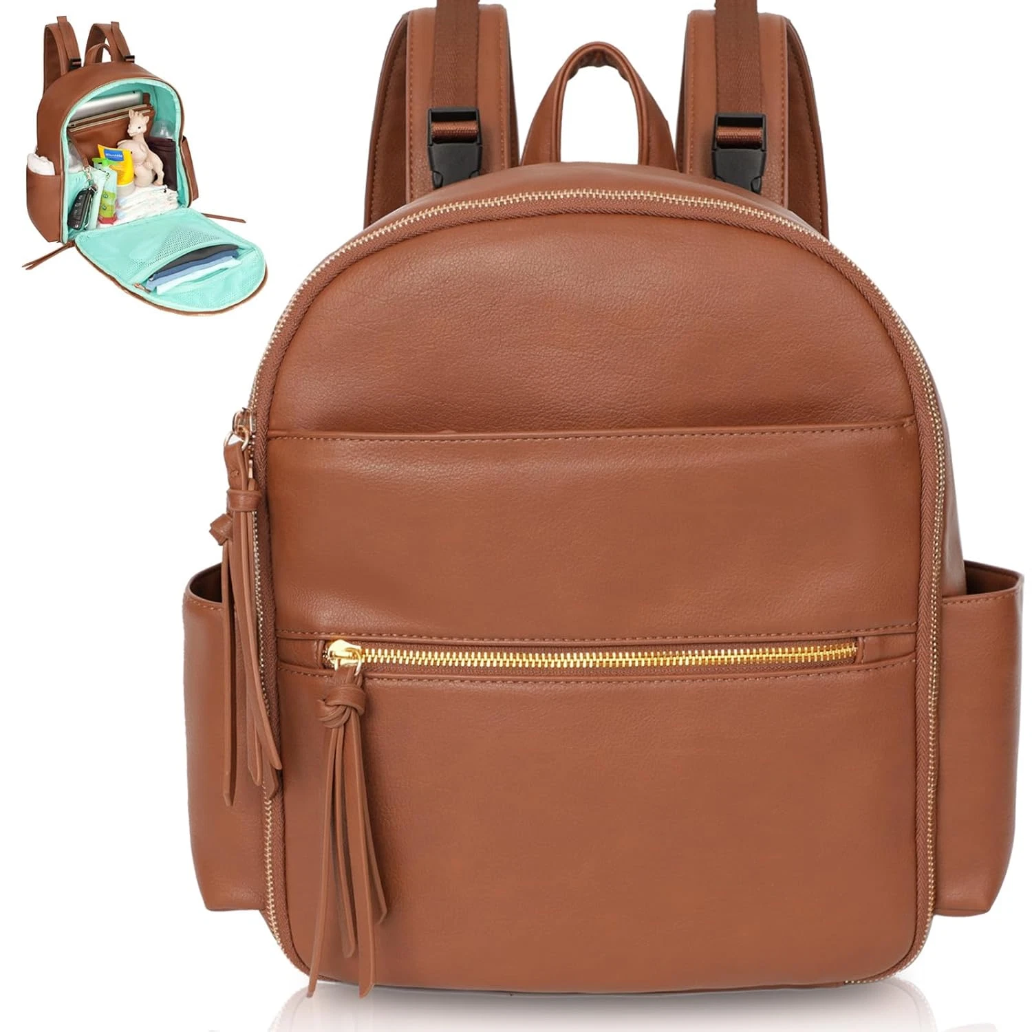 Stylish Mini Diaper Bag Backpack with 11 Pockets & Insulated Pockets - Brown