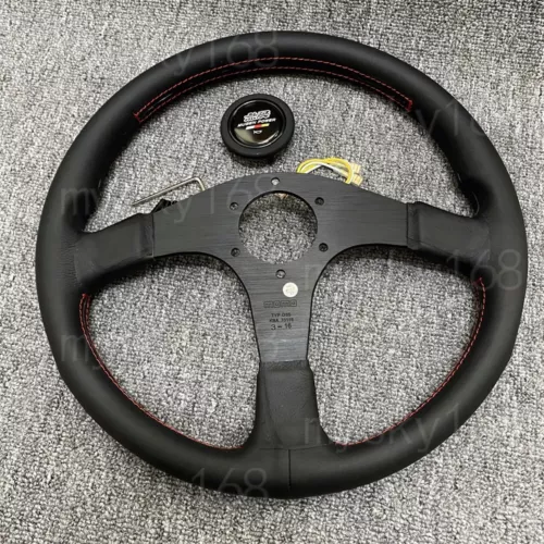 Mugen Genuine Leather Steering Wheel Flat bracket 340mm Horn Red Stitching - Picture 6 of 7