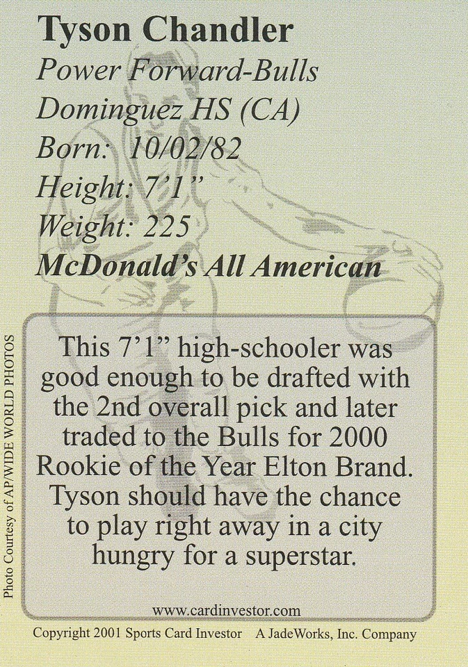 2003 SCI GOLD TYSON CHANDLER ЧИКАГО BULLS ПРОЕКТ ДЕБЮТАНТ КАРТЫ RC (50) X ЛОТ - Изображение 2 из 2