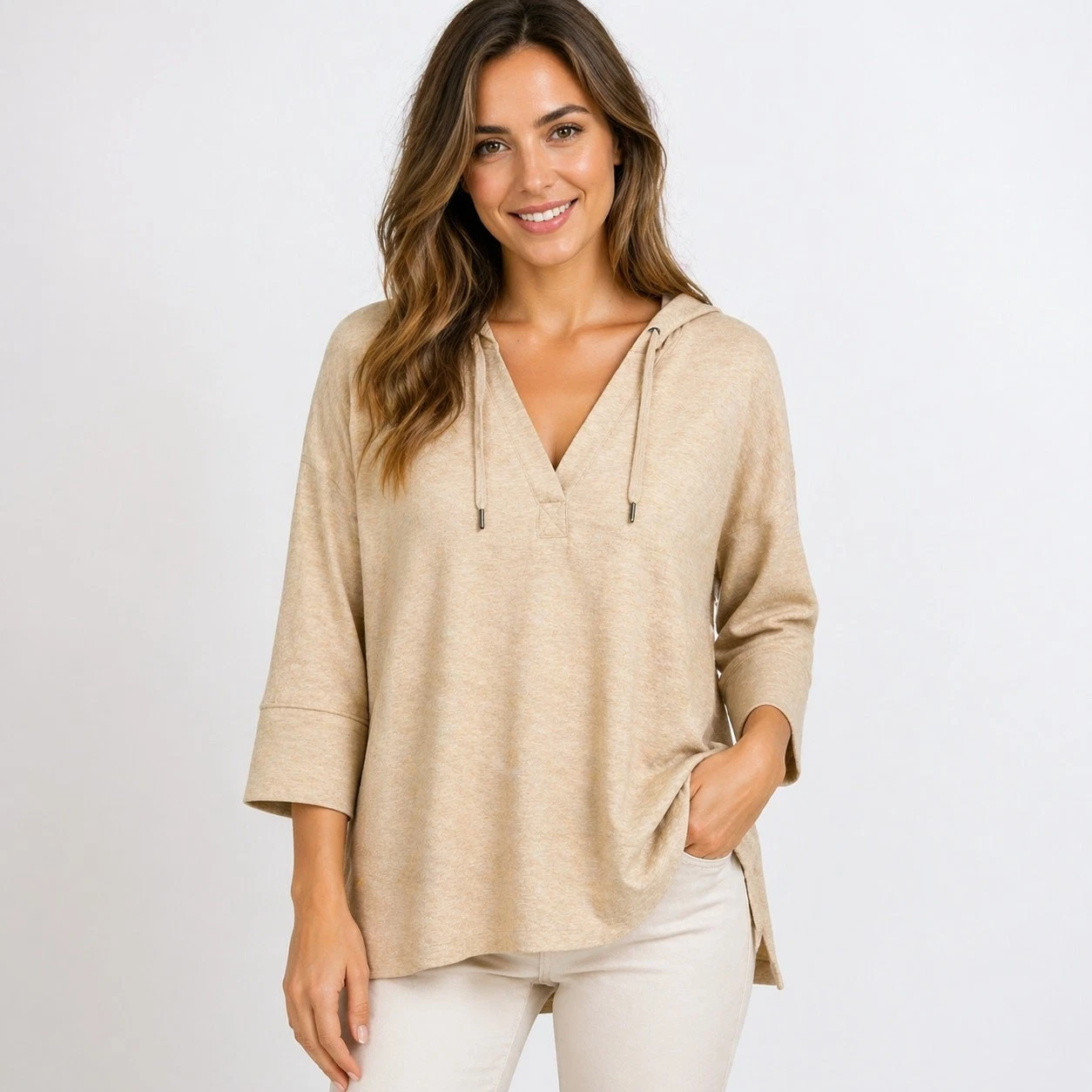 Style & Co Beige Hooded Knit Top Small Relaxed V-Neck 3/4 Sleeve High Low Hem