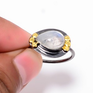 Authentic Rainbow Moonstone Black And Gold Plated 925 Sterling Silver Ring S.8.5 R84415