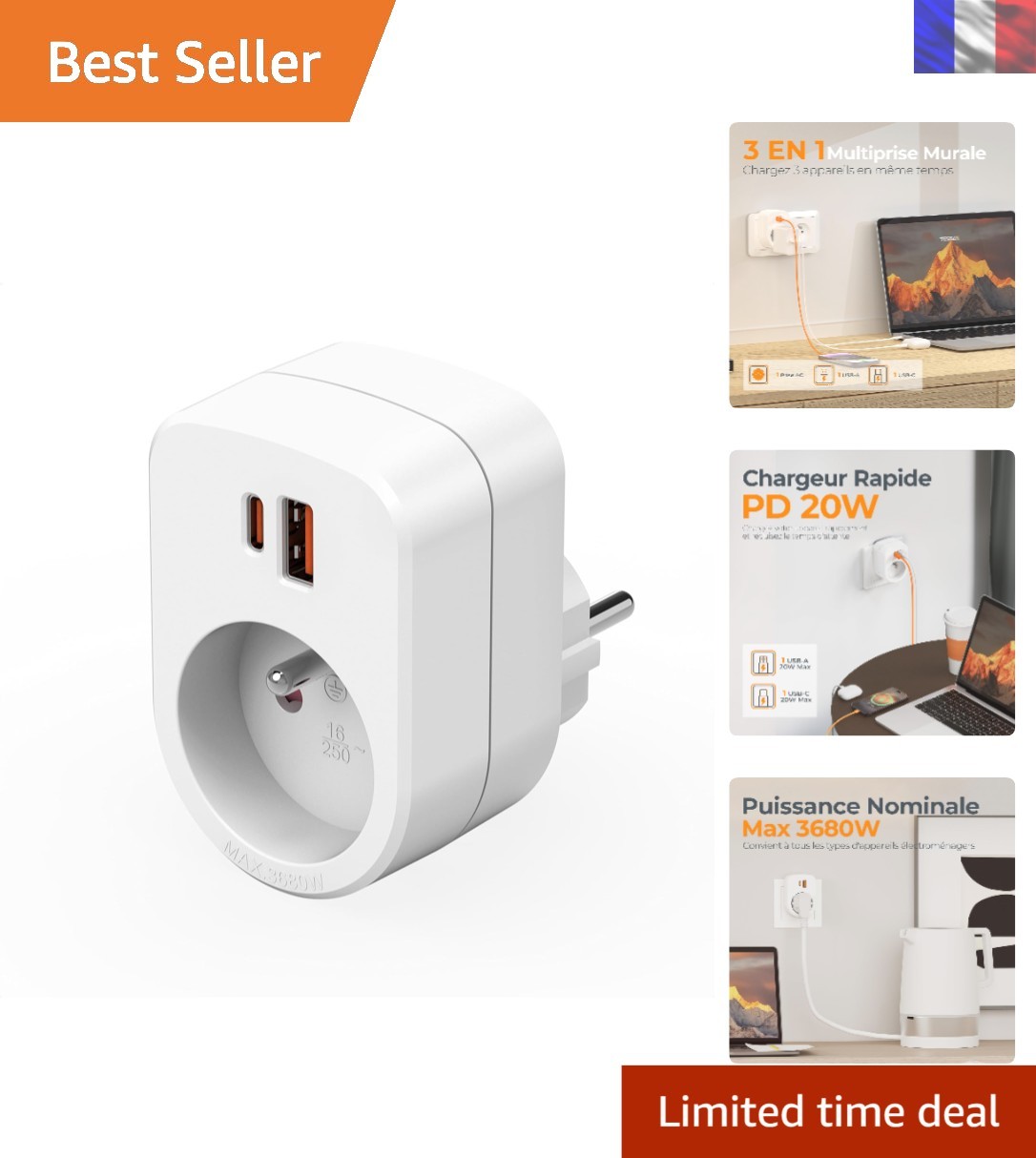 Multiprise murale USB C TESSAN bloc prise 3 en 1 blanc chargeur secteur compact