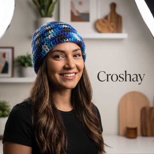 Handmade Crochet Beanie Hat Blue Black Light Blue Acrylic Stretch | eBay