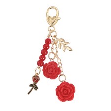 Flower Charm Keychain, Red Rose Pendant Keychains Tassel Pearl Chain Keyring