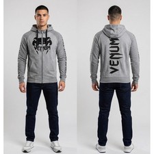 Venum Hombres Sudadera con Capucha Equipo de Lucha Cremallera Completa Sudadera con Capucha Gris Negro Logo MMA Gimnasio Talla Mediana
