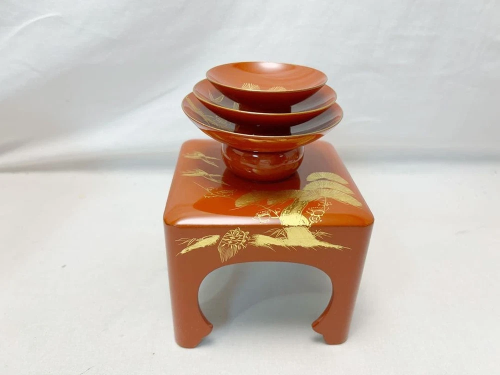 Jubako Bento Box Japanese Almost unused utensils Wooden vermilion lacquer Set of