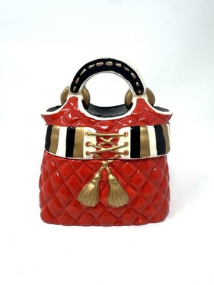 David's Cookies Black Gold Red White Purse Tassels Stripe Cookie Jar