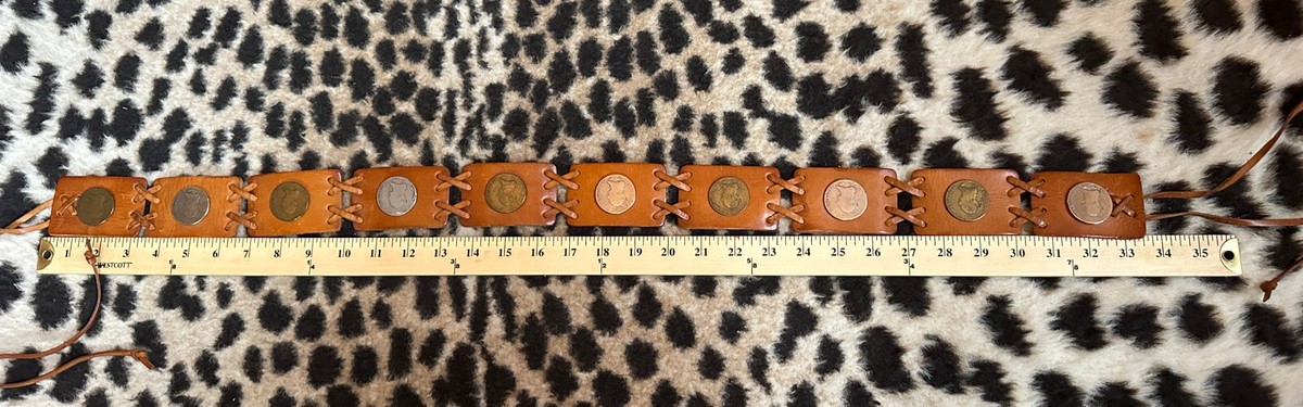 Vintage Southwestern Boho Leather Panel Brass & Silver Coin 