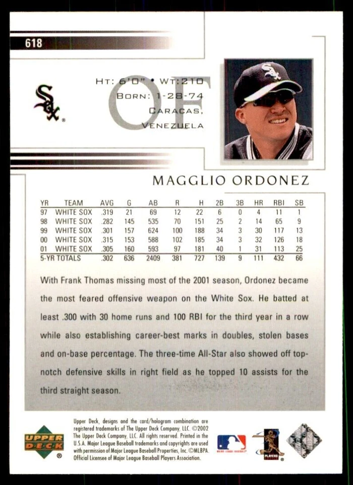 2002 Upper Deck Magglio Ordonez Chicago White Sox #618 - Image 2 of 2